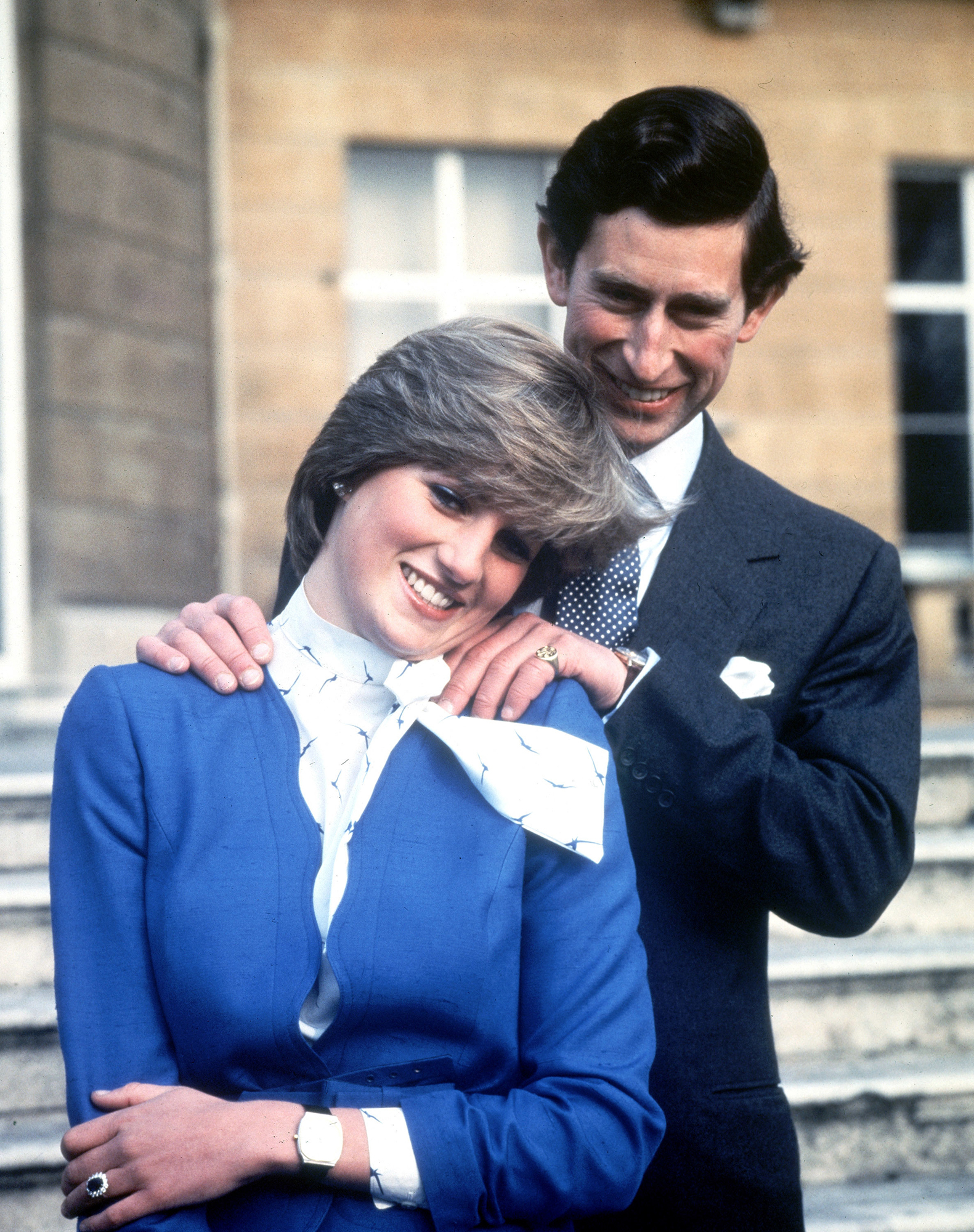Lady Diana Spencer and Prince Charles pose after their engagement announcement