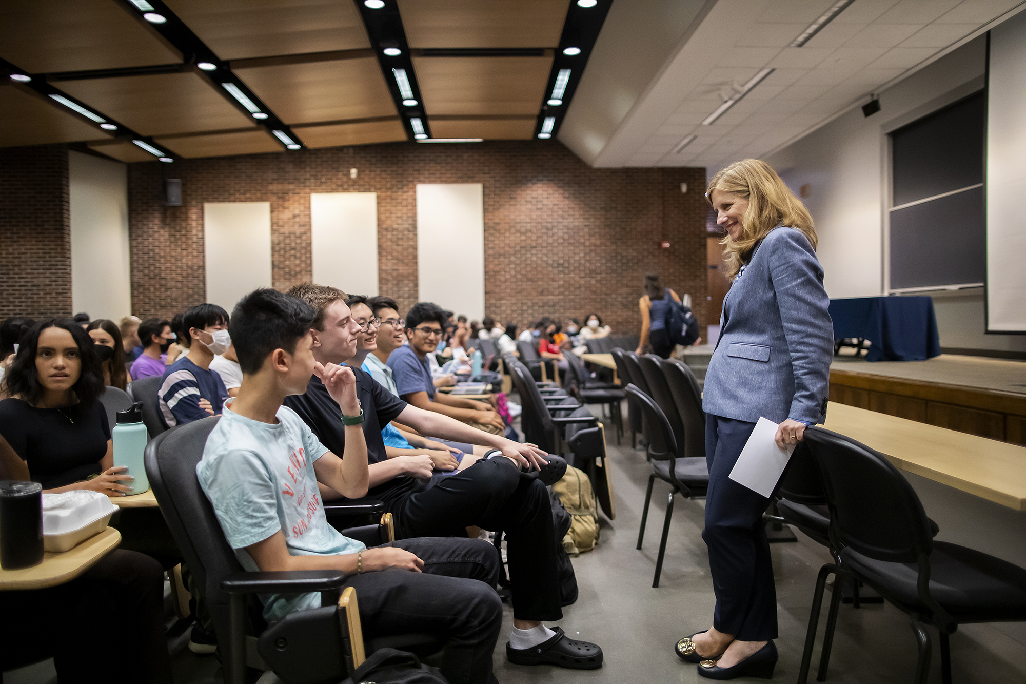 penn president liz magill speaking to first year students