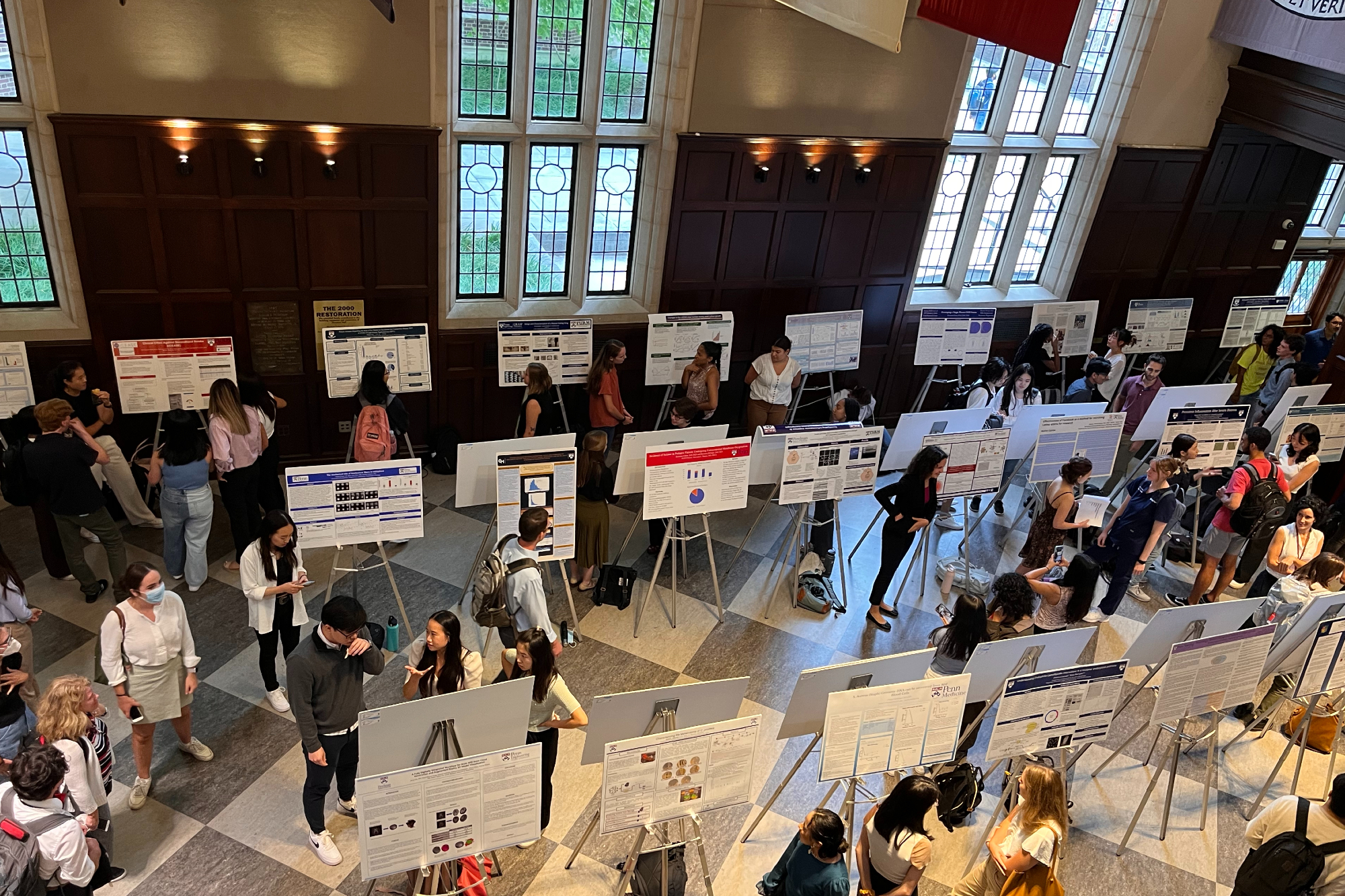 rows of posters and people pictured from above in a historic room