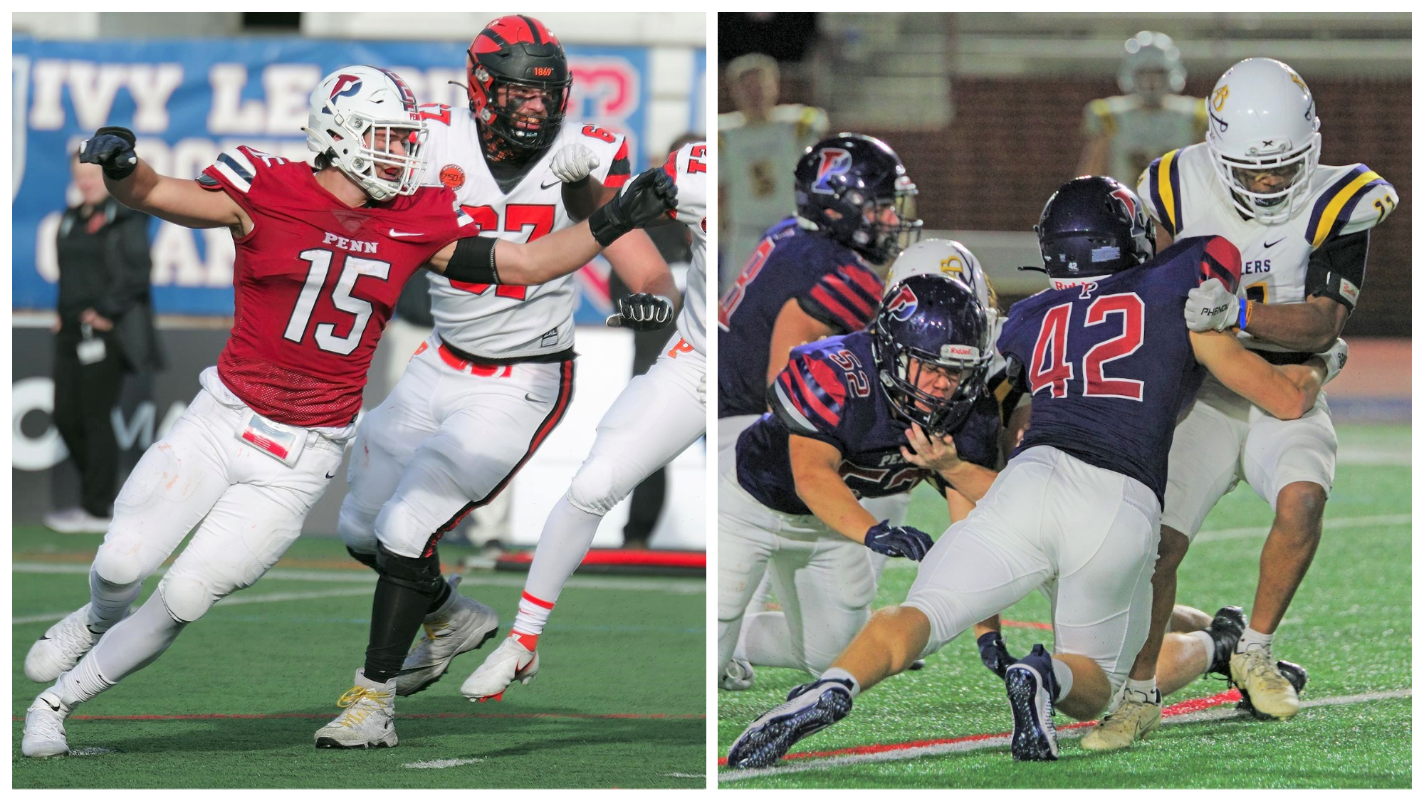 enior defensive lineman Jake Heimlicher of the football team (left) and first-year linebacker Charles Tauckus of the sprint football team (No. 42). 