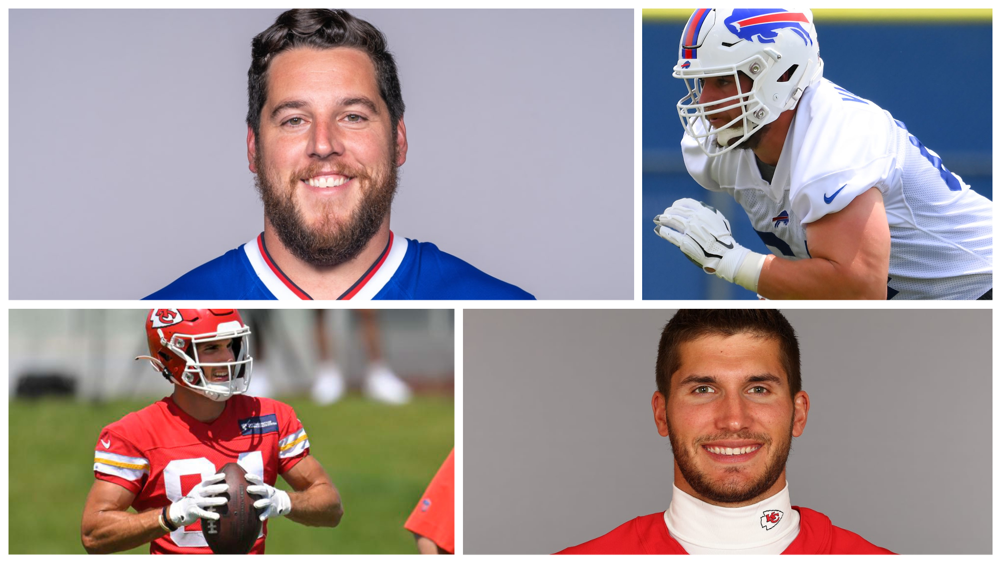 Top, a headshot and action photo of Van Roten playing for the Bills. Bottom: Watson holds the ball and a headshot of Watson