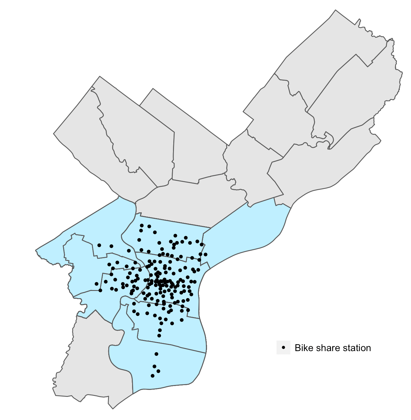 A map of Philadelphia shows Indego bikeshare stations concentrated in Central Philadelphia and neighboring planning districts