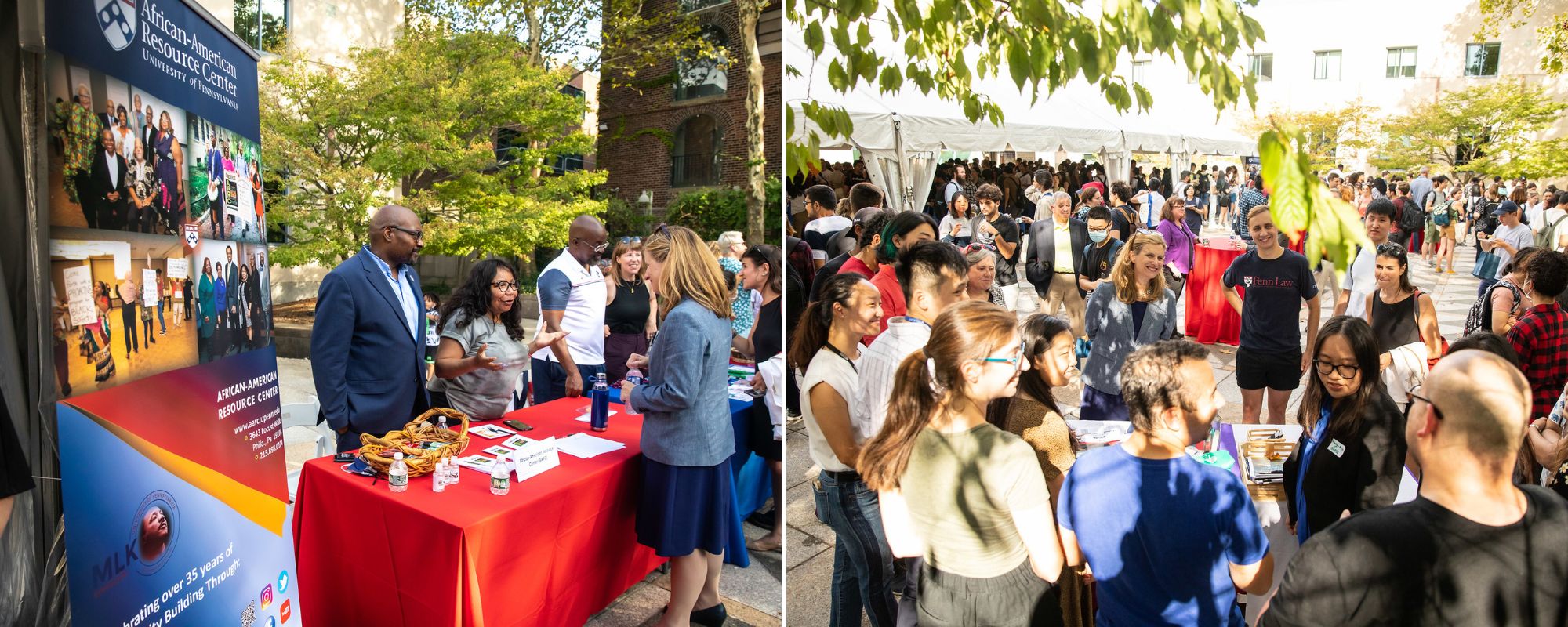 Left: Penn President Liz Magill speaks with people from the African American Resource Center at a table outside; right: a large crowd of people outside, including Liz Magill.