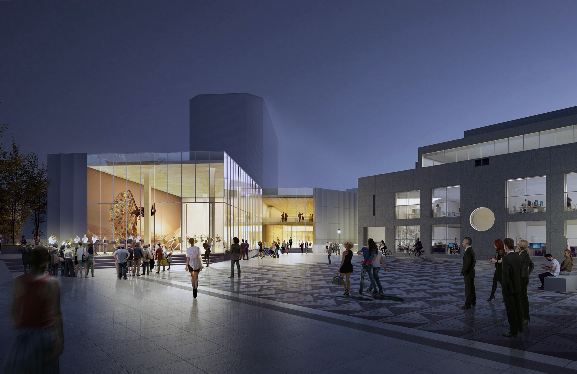 Rendering of a new plaza exterior at night.