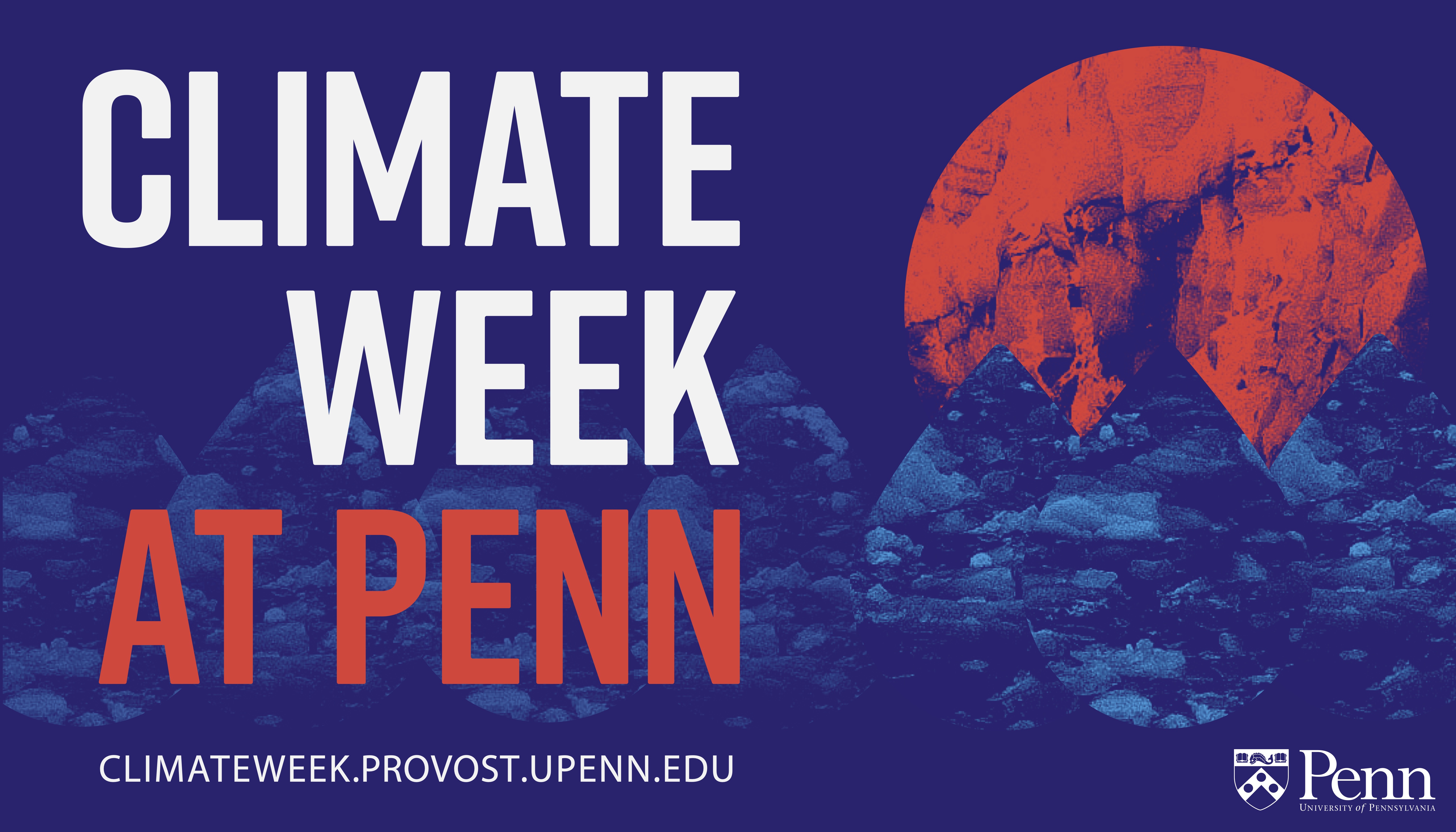 Banner that says Climate Week at Penn with url climateweek.provost.upenn.edu against a backdrop of abstract water droplets and sun