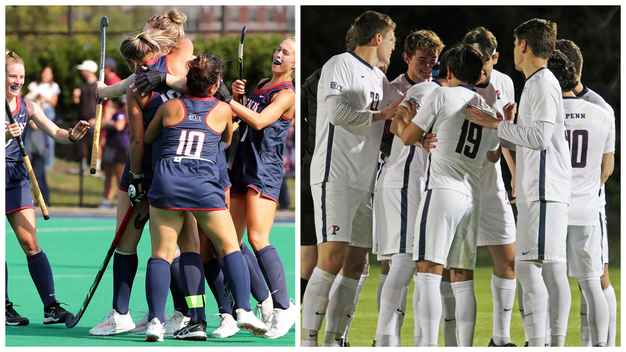 At left, field hockey players hug and celebrate; at right, men's soccer players chat in a huddle.