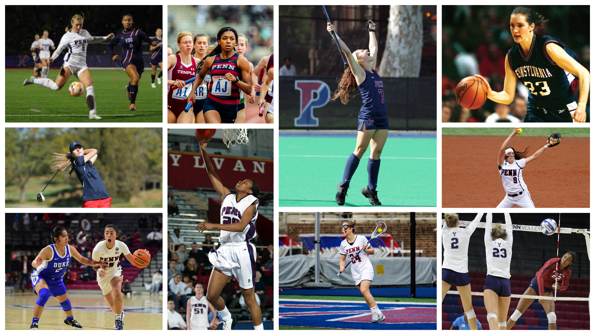 A grid shows women athletes, past and present, taking part in a number of sports.