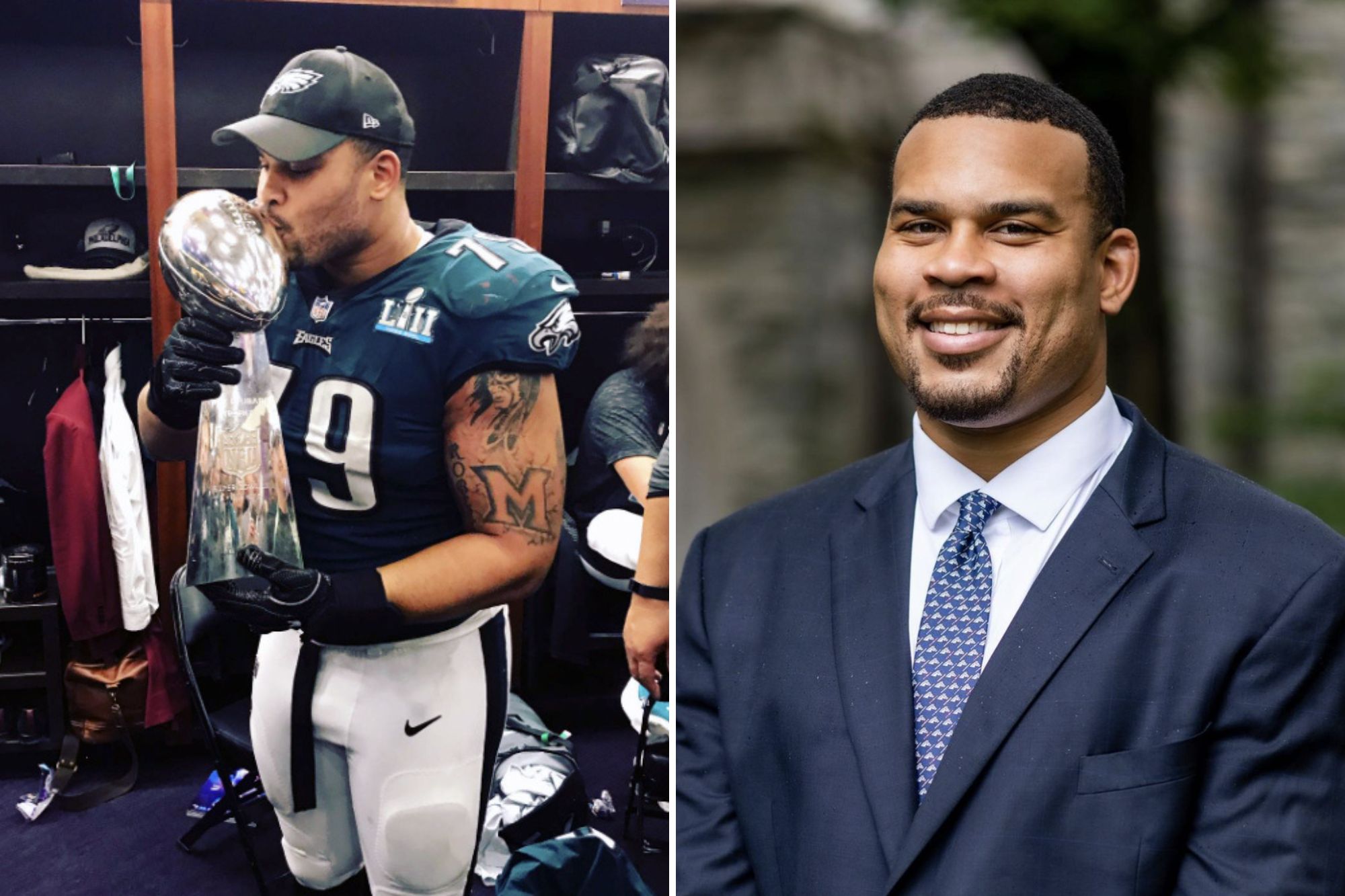 Left, Brandon Brooks kisses a Super Bowl trophy in his Eagles uniform, at right, Brooks in a suit.