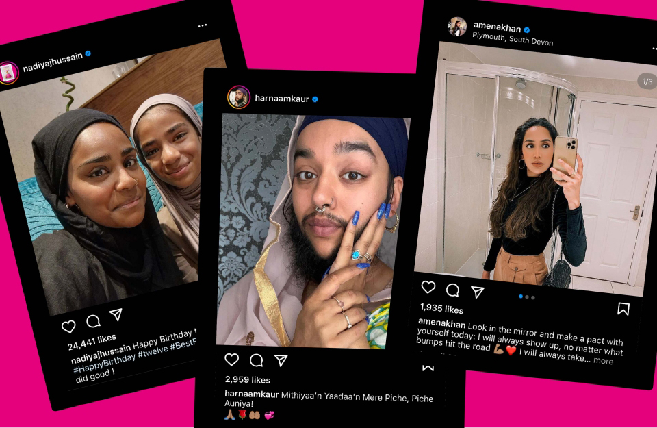 Three screenshots of Instagram influencer, at left Nadiya Hussein and. her daugher, center is Harnaam Kaur, and left is Amena Khan. 