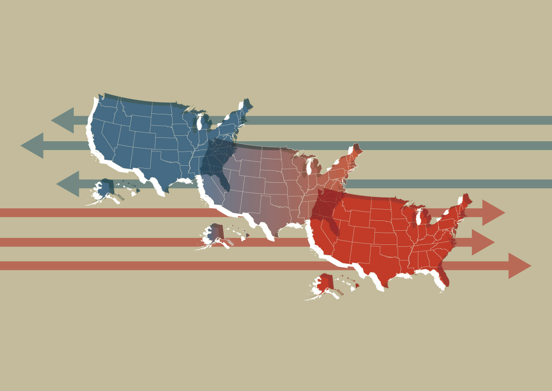 Three maps of the U.S., one blue, one purple, one red, indicating partisan politics.