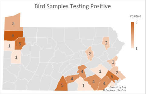 Map showing counties in Pennsylvania with bird samples testing positive, concentrated in the southeast and northwest corners of the state
