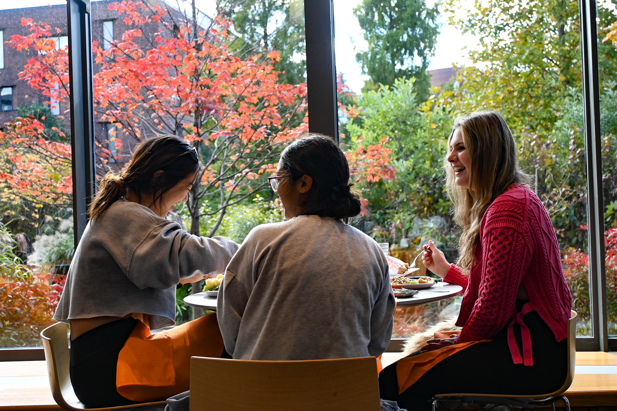 People dining with fall foliage in the background