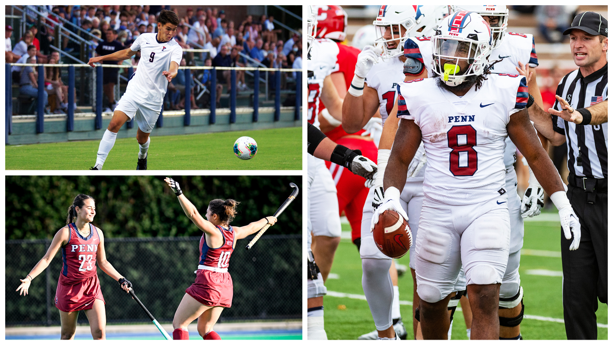Ben Stitz of the men’s soccer team (top), Livia Loozen of the field hockey team (bottom, at left), and Trey Flowers of the football team (right).