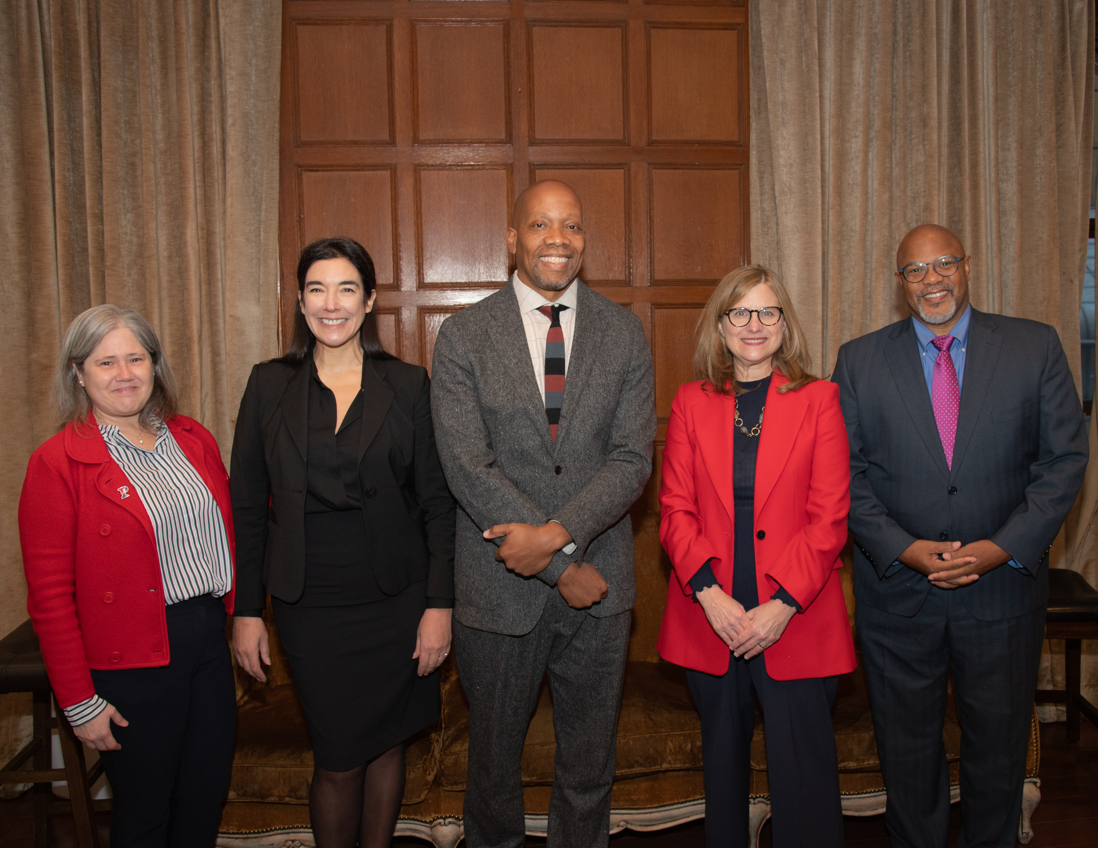 Beth A. Winkelstein and President Liz Magill with Penn Integrates Knowledge Professors Dolores Albarracín, Lance Freeman, and Kevin Johnson