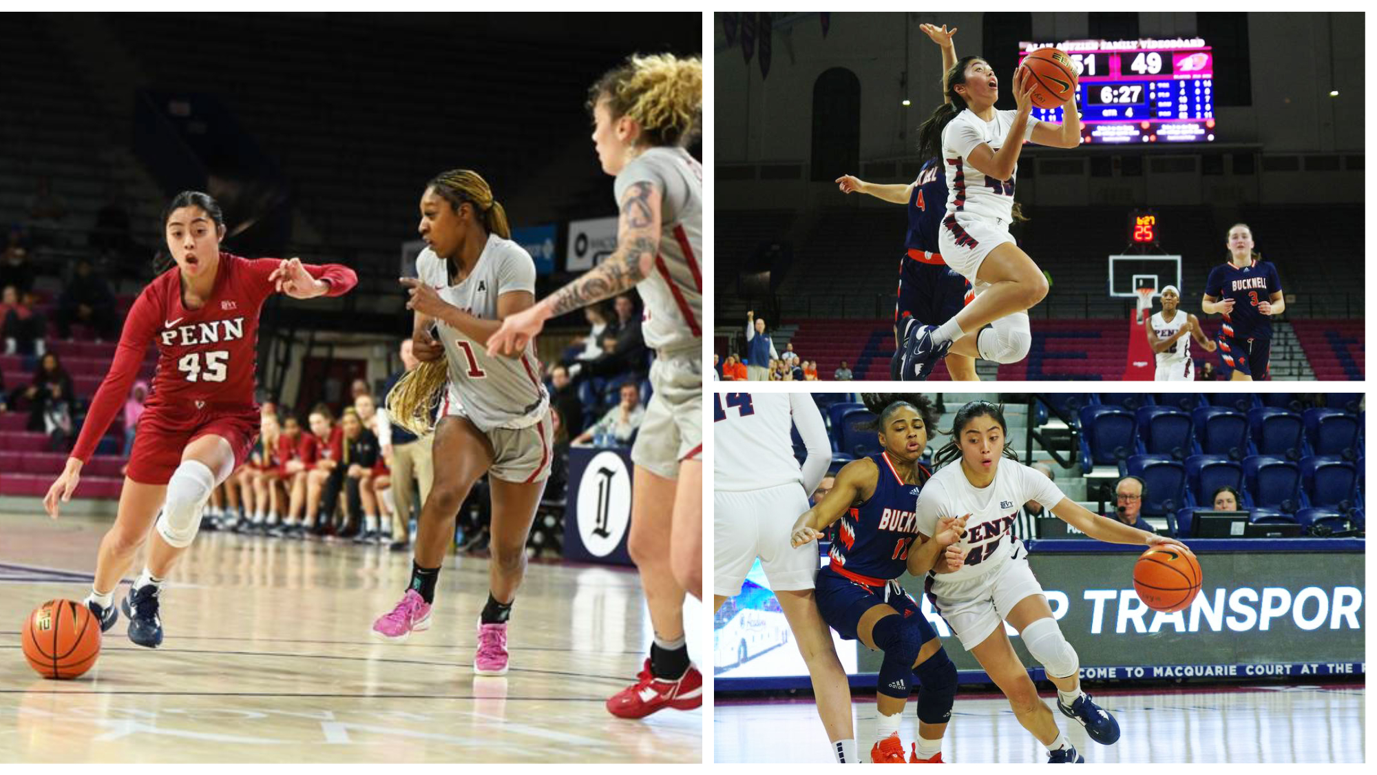 Power moves of Padilla on the court dribbling, driving to the basketball and shooting against Temple and Bucknell.