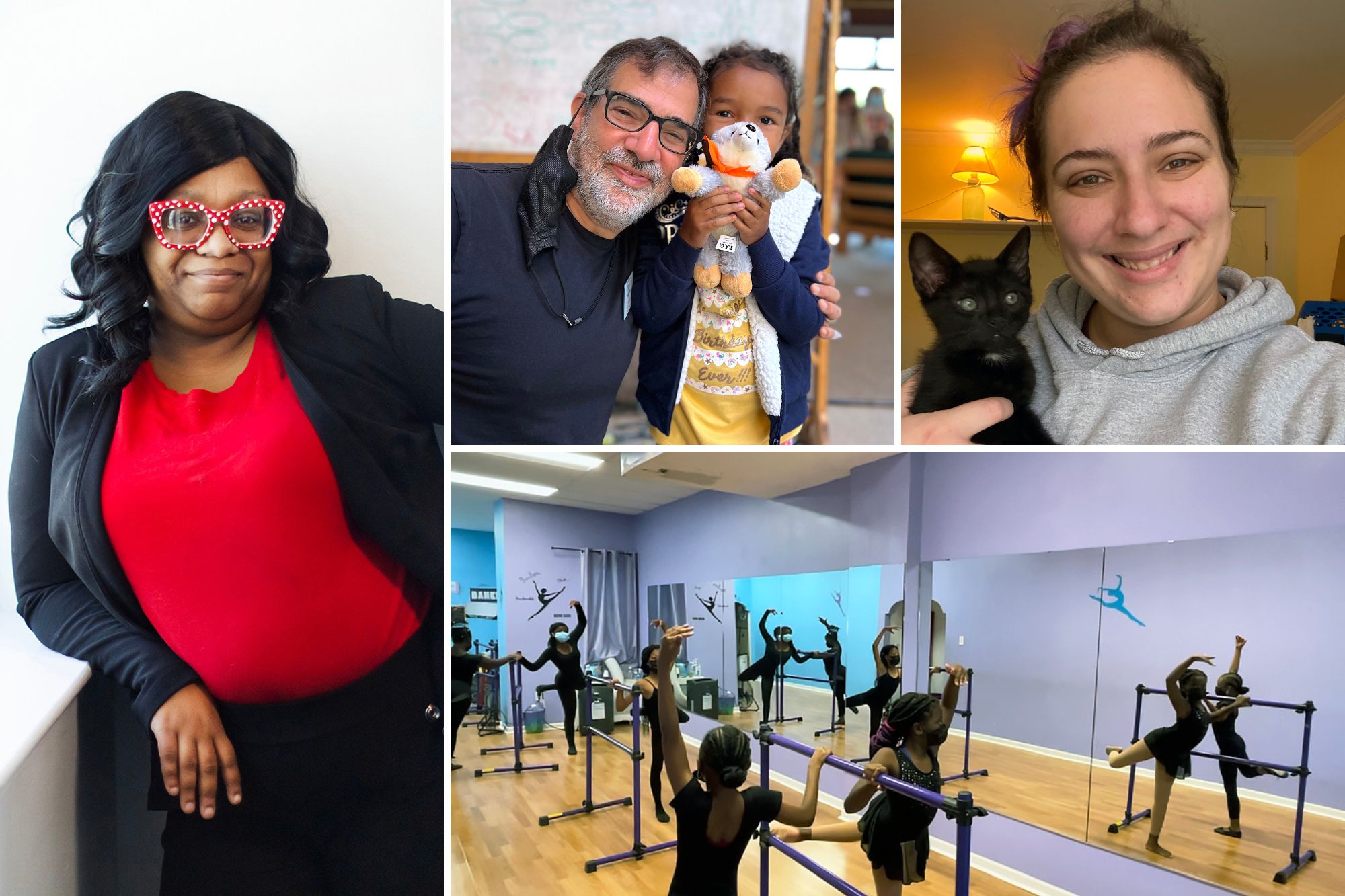 At left, Christina Blakely-Wise; top middle, Al Filreis posing with a young camper; top right, Heather Kostick holding a kitten, bottom picture: young children practicing at a barre at a ballet studio.