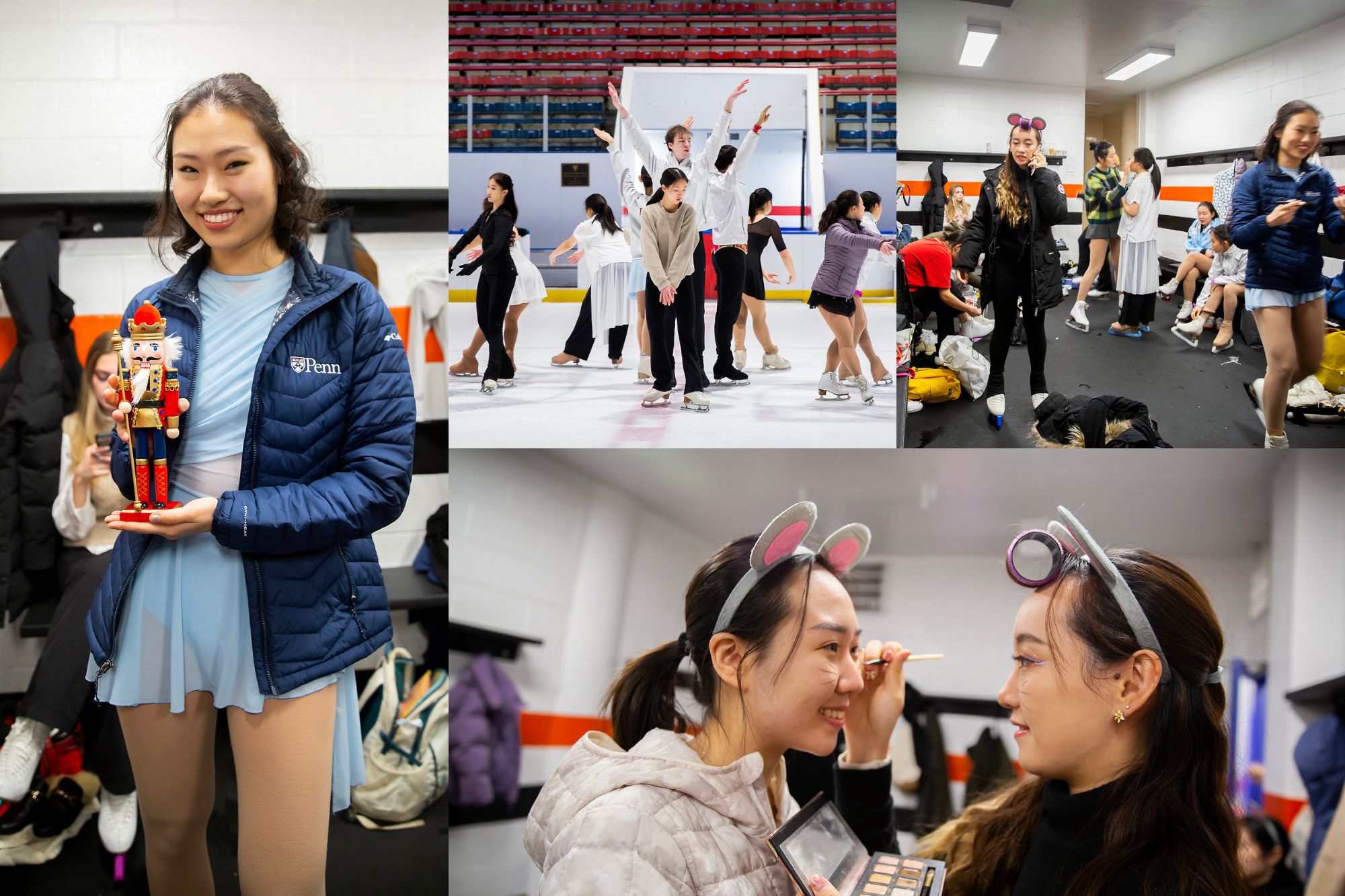 Four images of skaters practicing and preparing backstage for The Nutcracker ice skating performance.