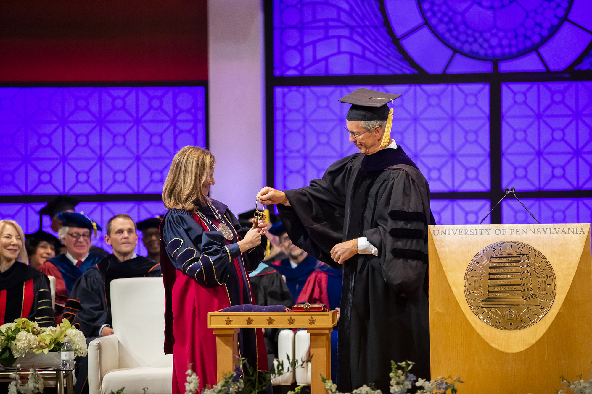 Liz Magill receives the keys to the University at her swearing in ceremony