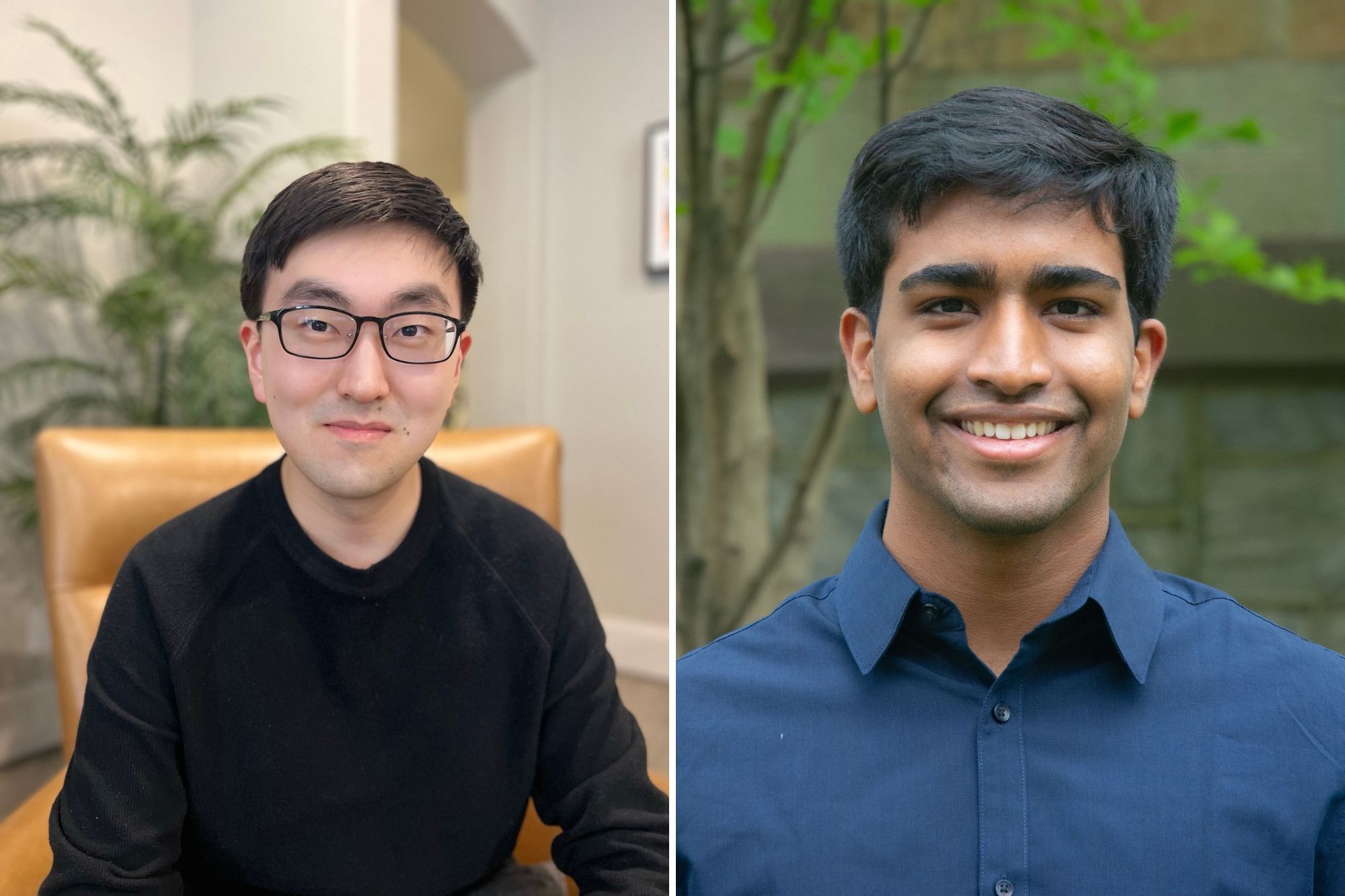 student Ryan Jeong sitting in a chair and student Arnav Lal standing outside