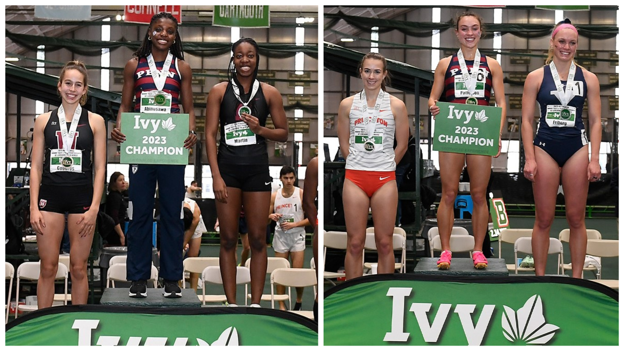winners wearing medals after the Ivy League Indoor Heptagonal Championships: top winners were Abinusawa and Patterson. 