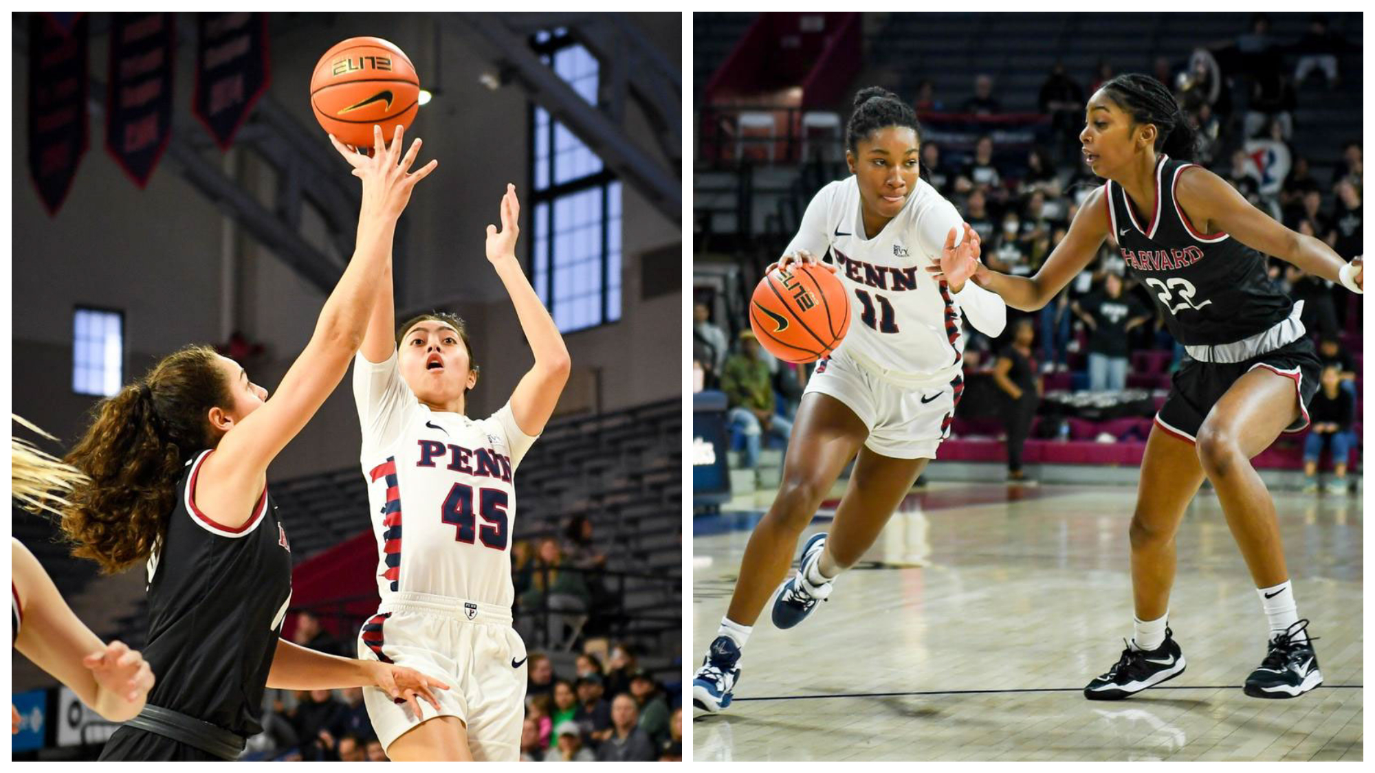 Action shots of two players: Padilla shoots a shot against Harvard, and Sawyer dribbles to the hoop against Harvard