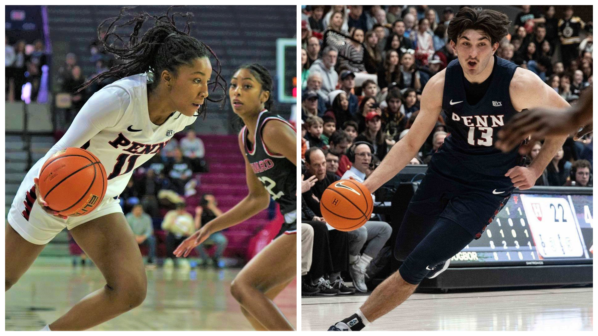 Two basketball players driving the basketball in a game: Sawyer against Harvard at home and Spinoso against Harvard in Massachusetts.