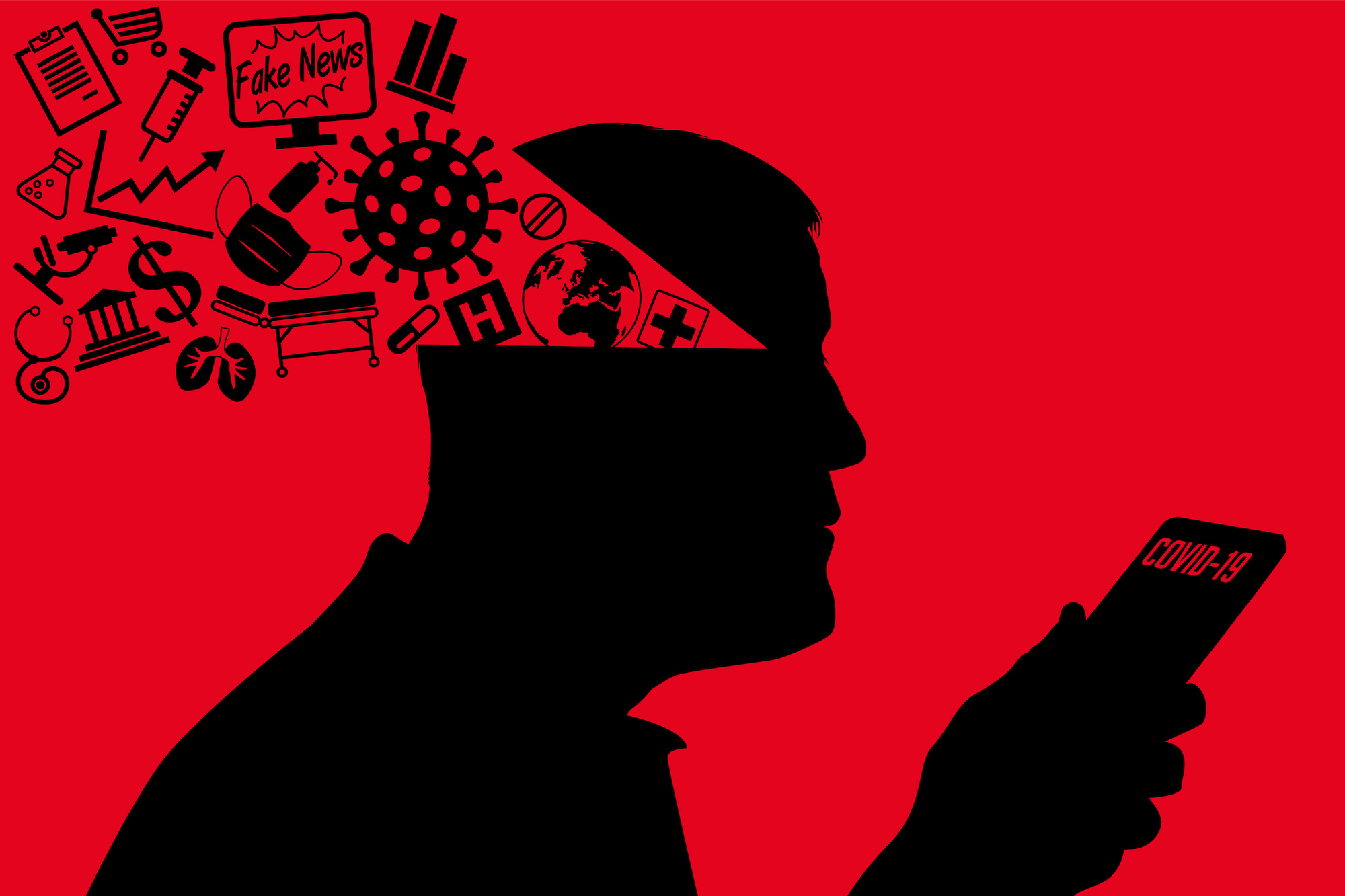A silhouette of a person in black on a red background. The person is holding a phone that reads "COVID-19" and the back of the head is open, with many different symbols flowing out, including a globe, a hospital, a needle, a vial, a mask, the dollar sign, and a TV screen that reads "Fake News."
