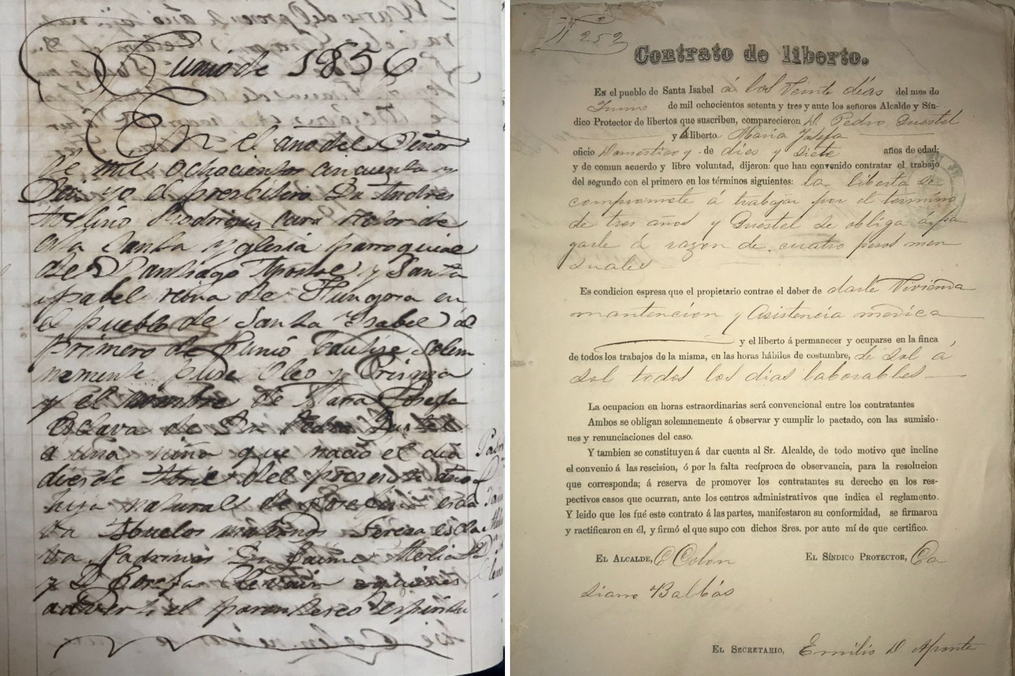 A birth certificate is seen on the left, and a labor contract is seen on the right, dating from the 1800s in Puerto Rico.
