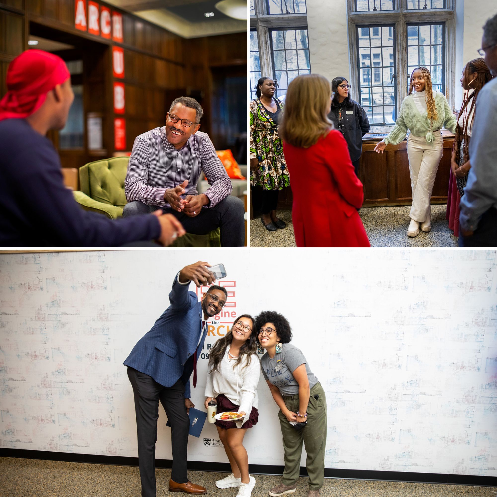 Top left, Brian Peterson, seated, talking with someone. Top right, Tarah Paul speaking with Penn president Liz Magill and four others in the ARCH building; bottom: Will Atkins takes a selfie with two others against the Reimagine the ARCH signing wall.