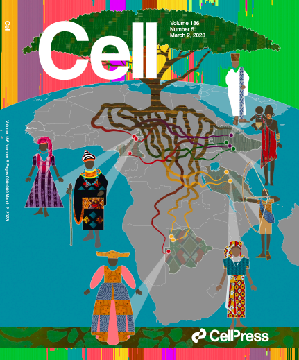Cover of journal Cell featuring map of Africa and illustrations of people from various populationss