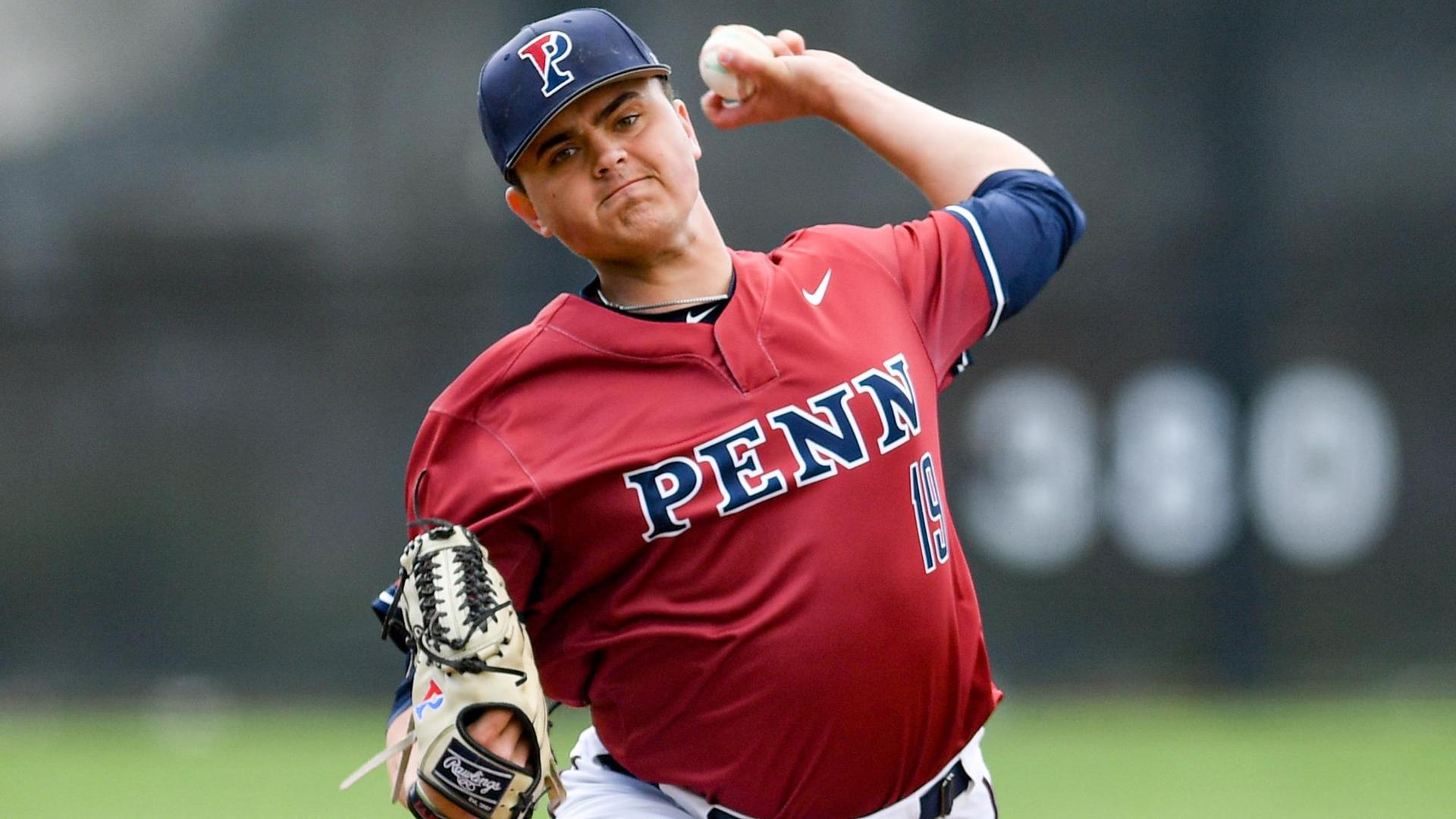 Penn baseball pitcher Coady makes a tough face while throwing from the mound.
