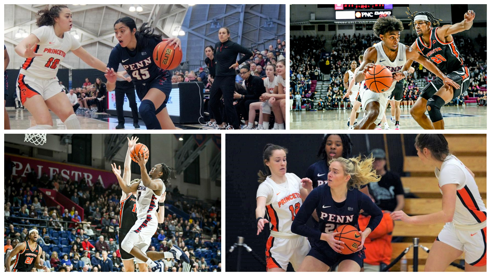 photo grid of Padilla driving to the basket, Monroe dribbling to the basket, Dingle going up for a layup, and a women's basketball player protecting the ball in her hands.