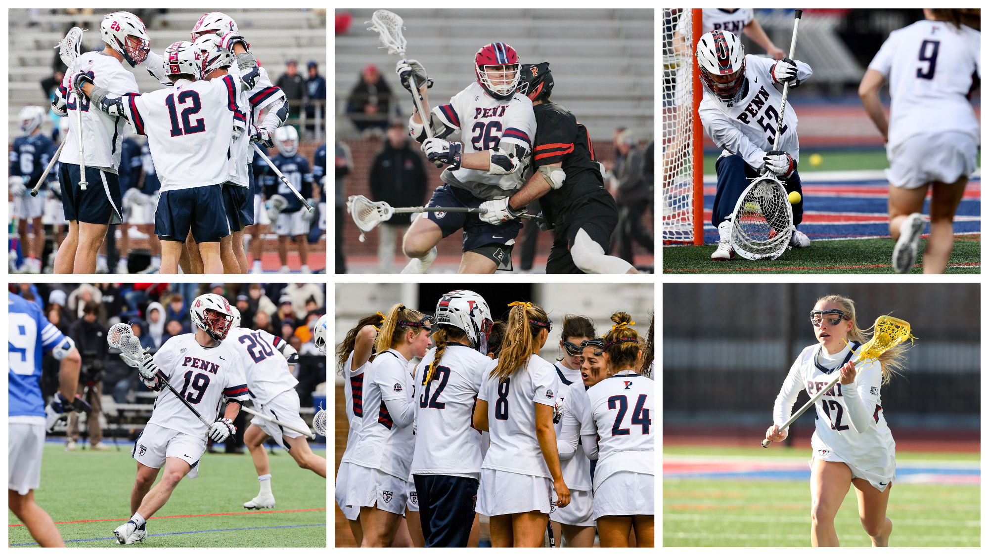 Six action shots of men's and women's lacrosse players.