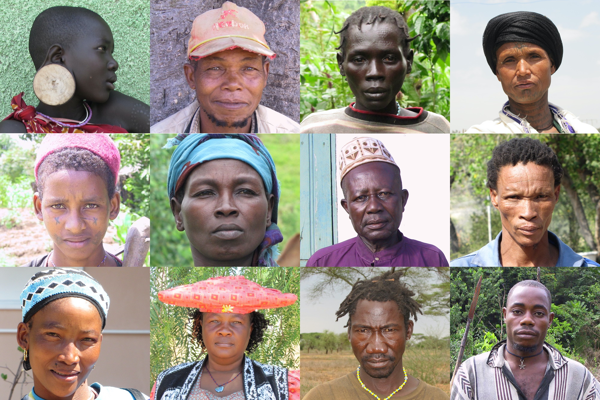 12 images of individuals from different indigenous groups in Africa