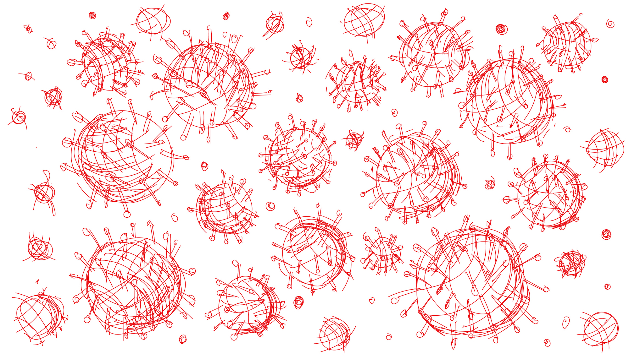 Illustration of COVID-19, made by drawing in red circular orbs with match-like objects sticking out around all of them.