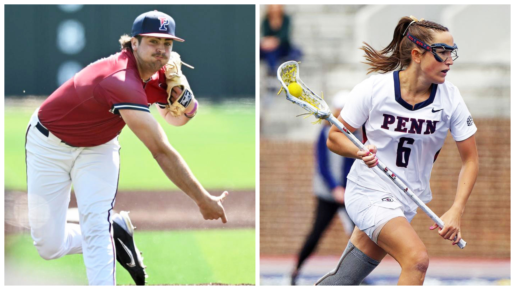 Ryan Dromboski, left, pitching a baseball, and Izzy Rohr playing lacrosse..