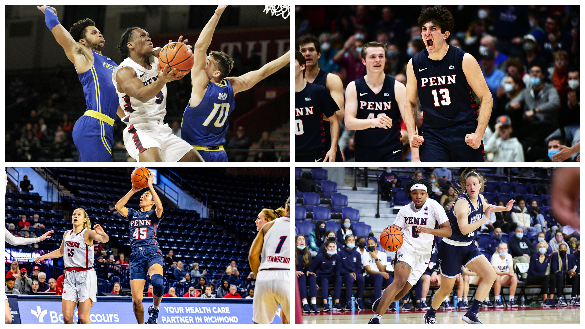 Four action shots of basketball players: Jordan Dingle, Nick Spinoso, Kayla Padilla, and Jordan Obi.