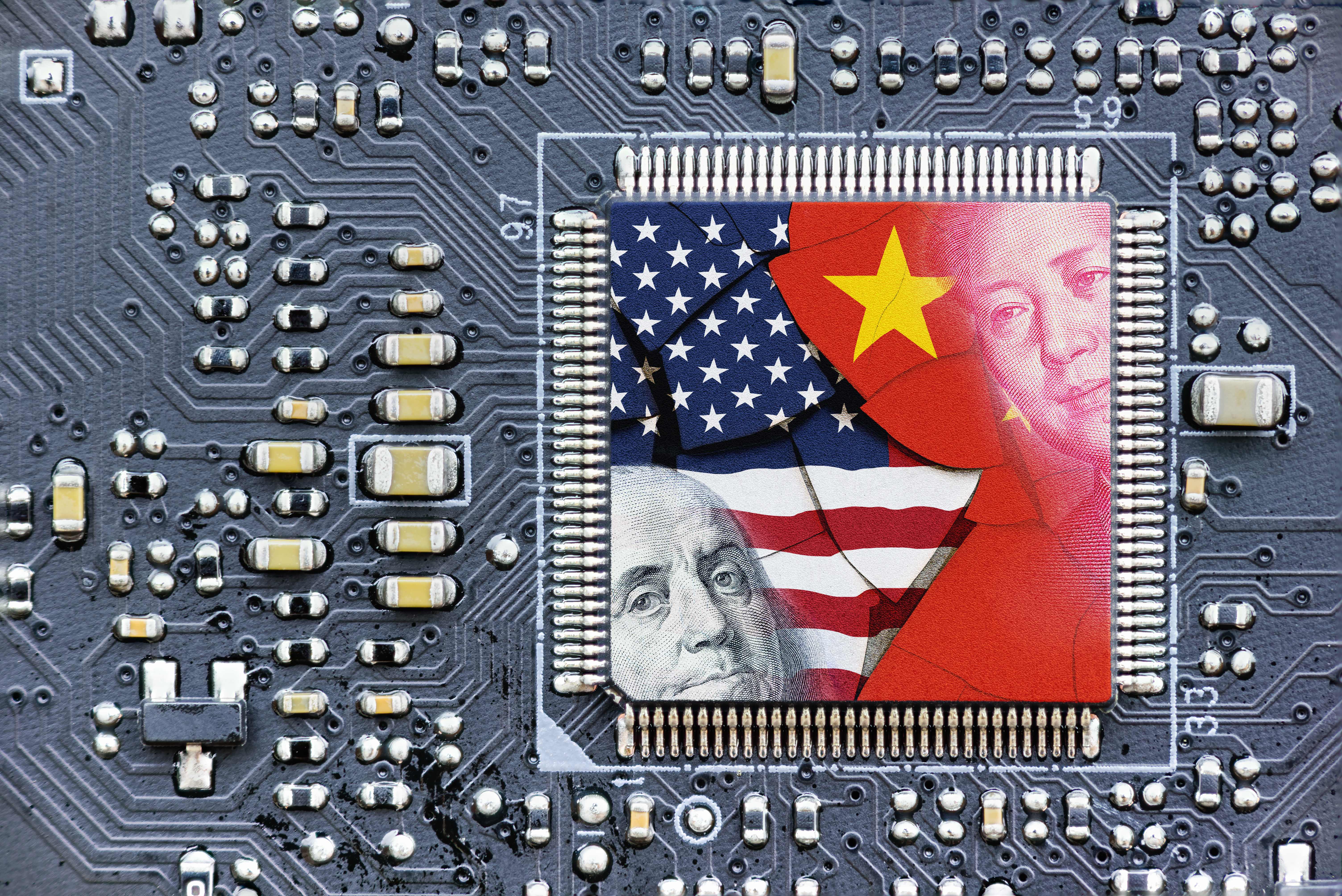 Flag of USA and China on a processor, CPU or GPU microchip on a motherboard.