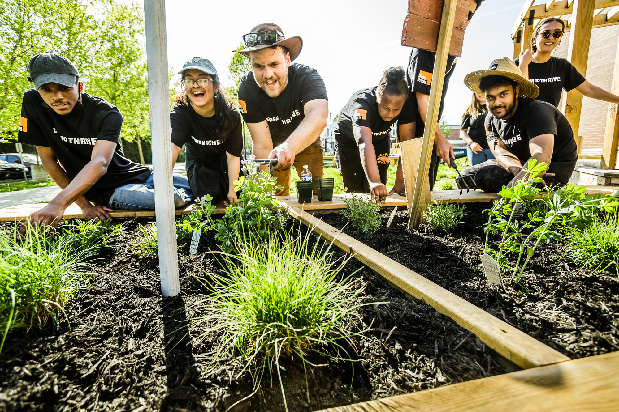 A group of people tending to plants in wooden beds