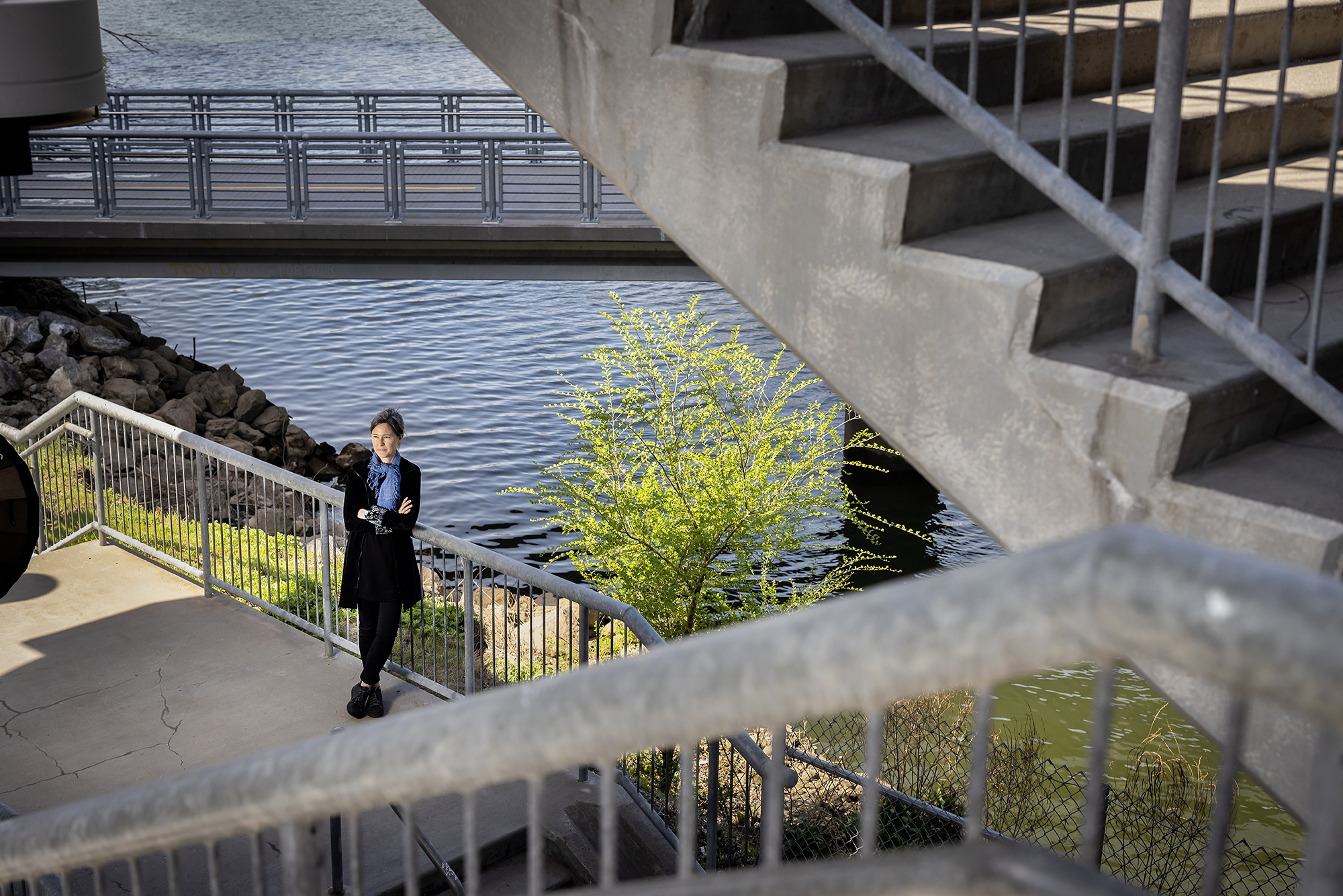 Sonja Dumpelmann on the staircase leading down to the Schuylkill River Trail