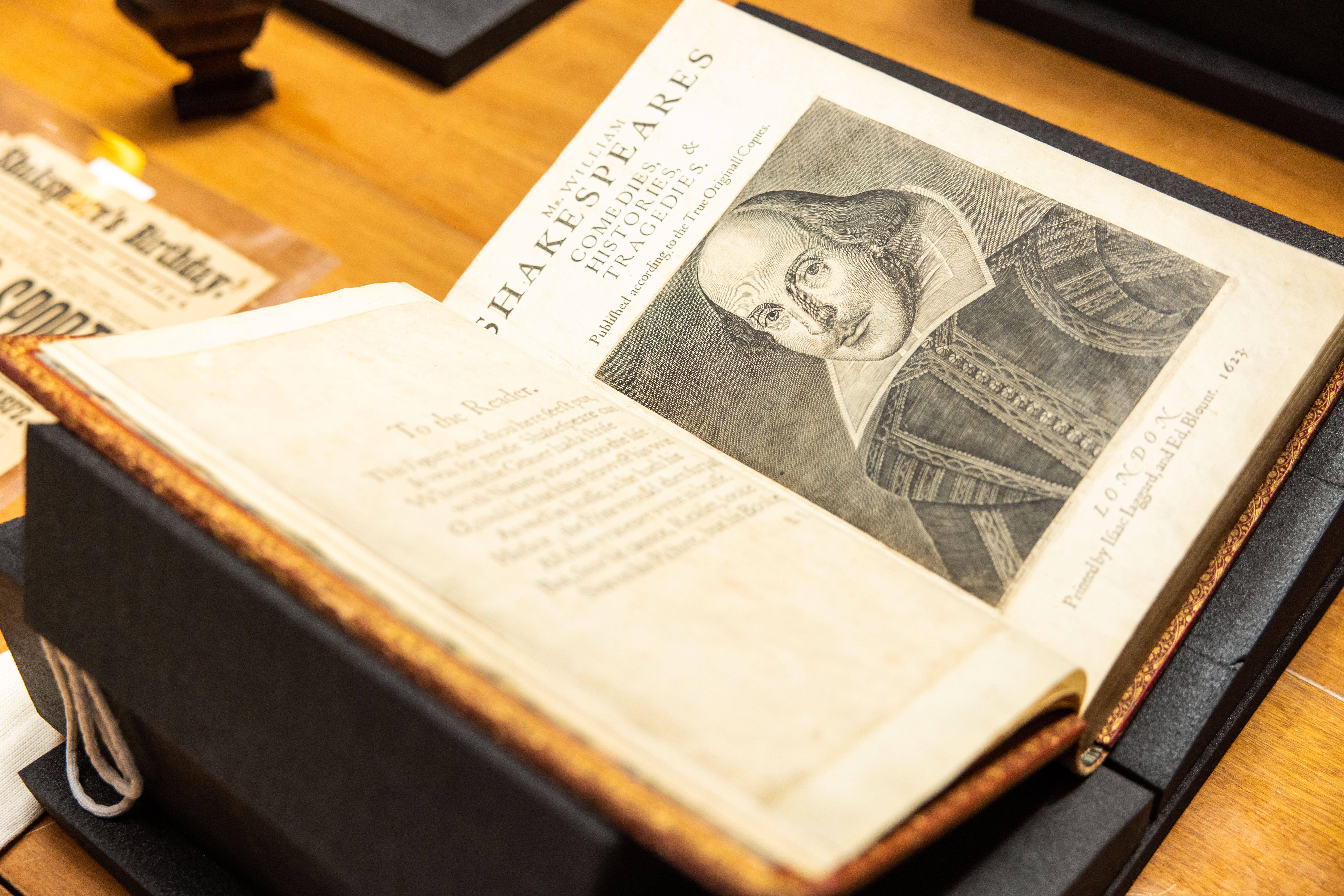 A Shakespeare First Folio dated 1623 open to the title page