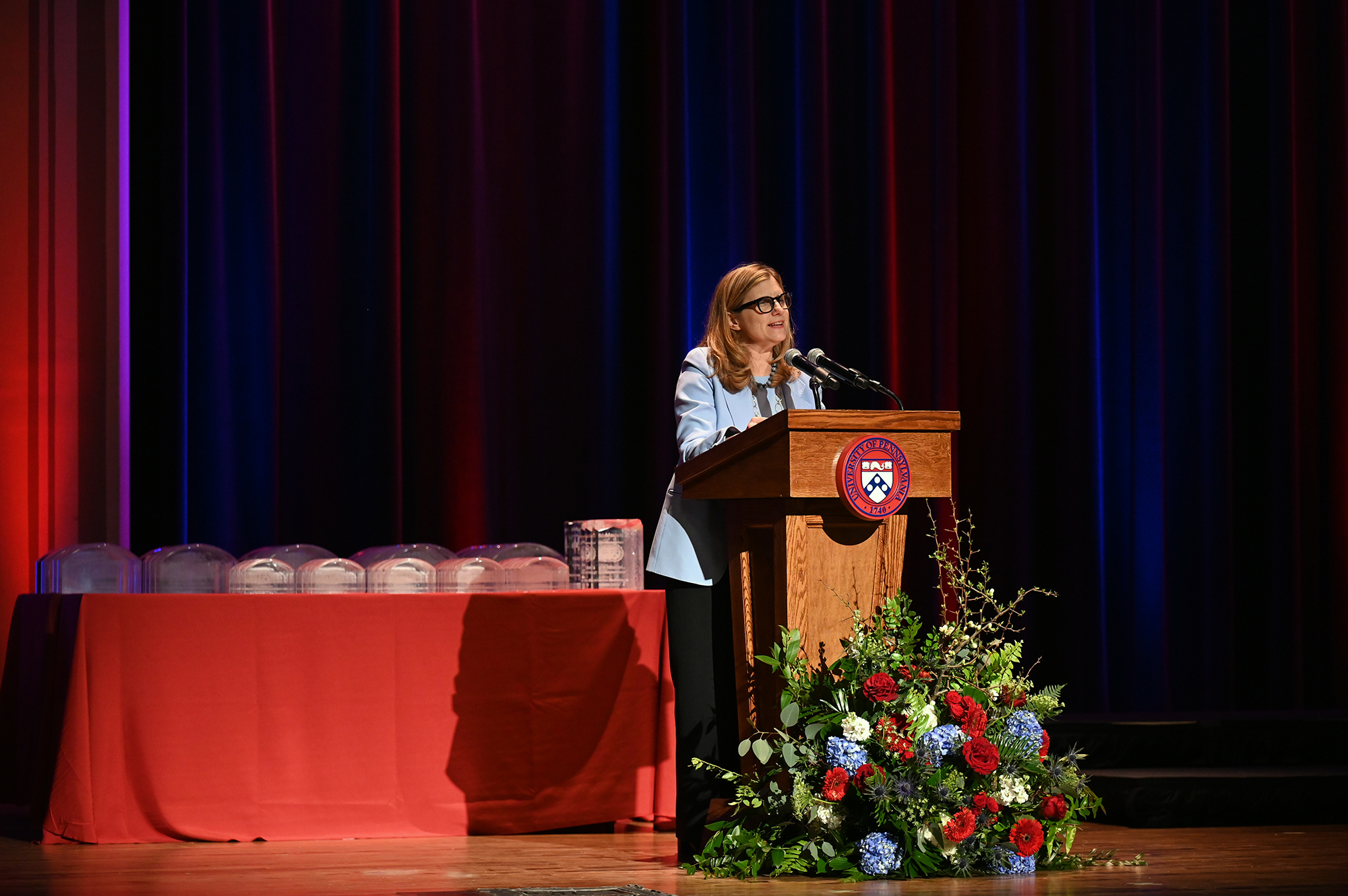 Liz Magill on stage at the Models of Excellence ceremony.