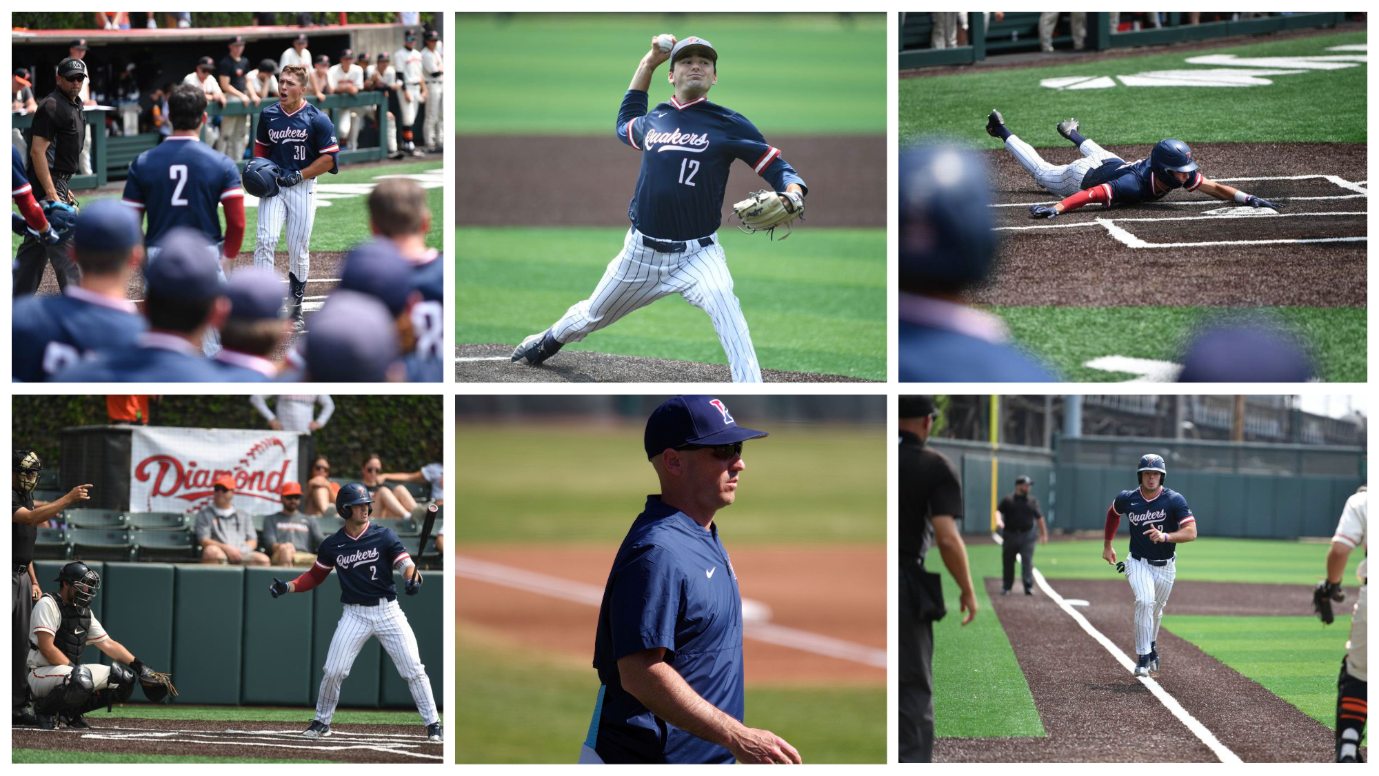 A collage of Penn baseball players throwing the ball, sliding into home, preparing to hit, and running the bases.