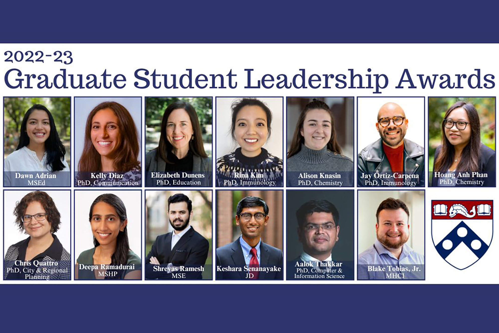 Headshots of the 13 recipients of the 2022-23 Graduate Student Leadership Awards.