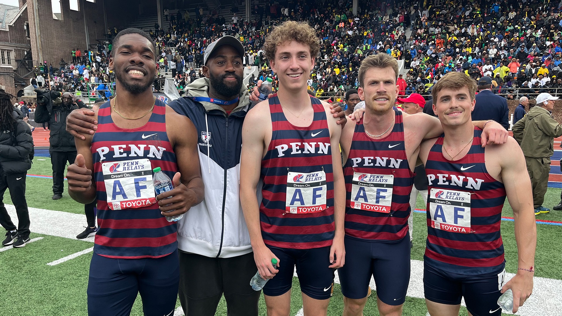 (Left to right) First-year Devante Heywood, Assistant Coach Moose Akanno, first-year Andrew O’Donnell, four-year Robbie Ruppel, and fourth-year Emerson Douds. Heywood, O’Donnell, Ruppel, and Douds finished sixth in the men’s 4x400 Championship of America with a time of 3:08.62, the second-fastest time in program history.