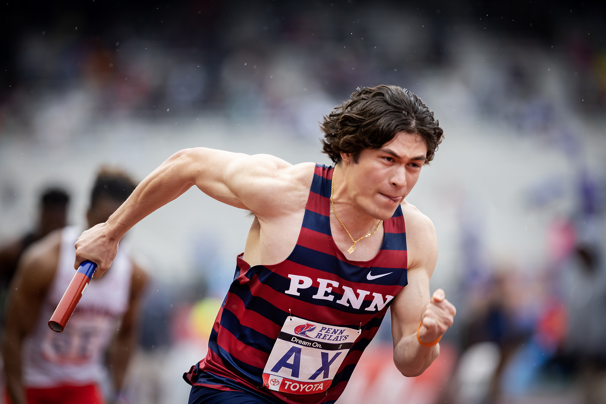 John Ruvo IV, a first-year sprinter from Scottsdale, Arizona, competes in the Penn Relays. Ruvo, first-year Shane Garnder, third-year Dimitri Nicholson, and second-year Aaron Stillitano placed fifth in the College Men’s 4x100 on Saturday with a time of 41.28