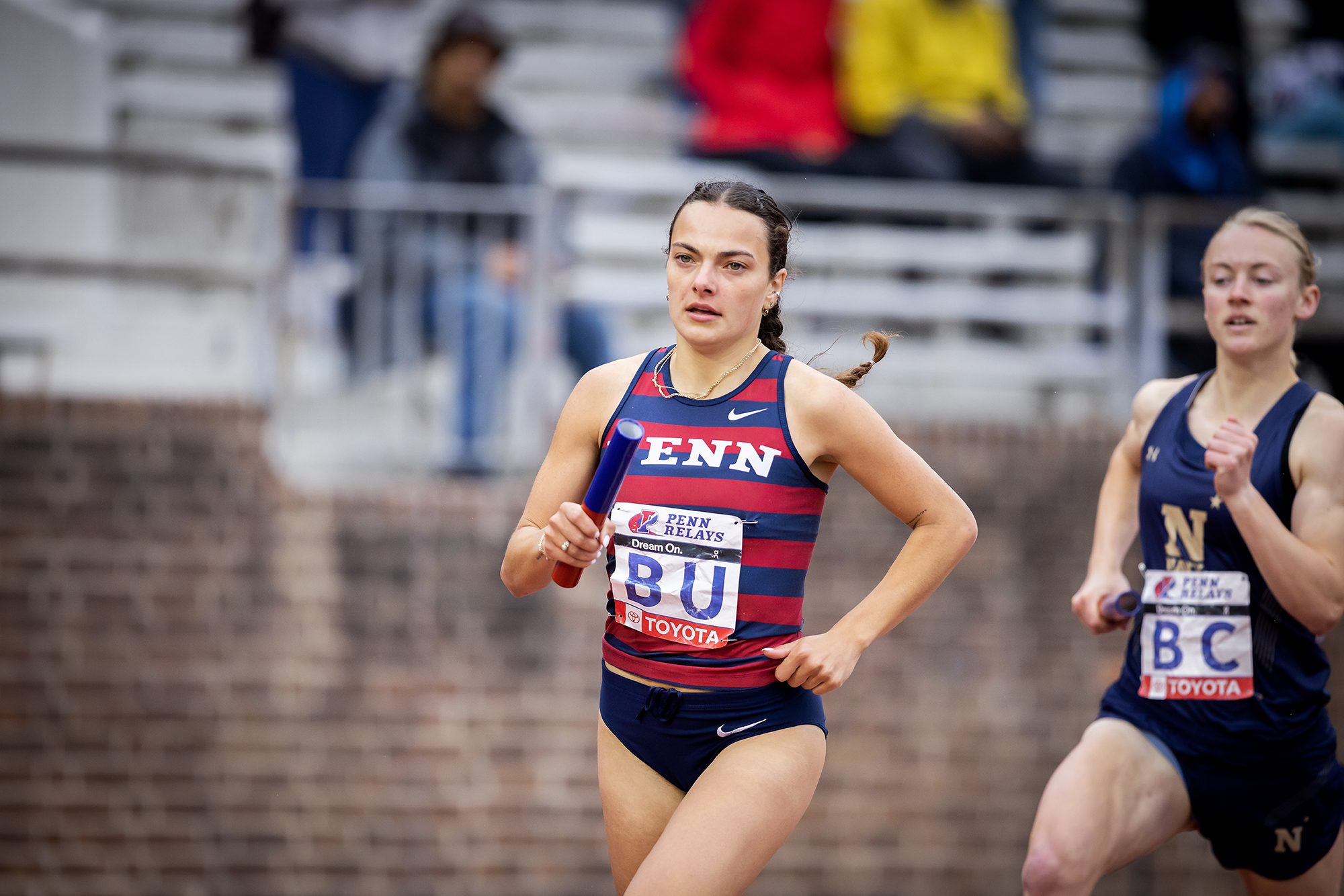 Olivia Morganti, a third-year distance runner from Syracuse, New York, races at the Penn Relays. Morganti, third-year Trinity Eason, second-year Bronwyn Patterson, and third-year Maeve Stiles placed fifth in the College Women’s Distance Medley on Friday with a time of 11:29.66.