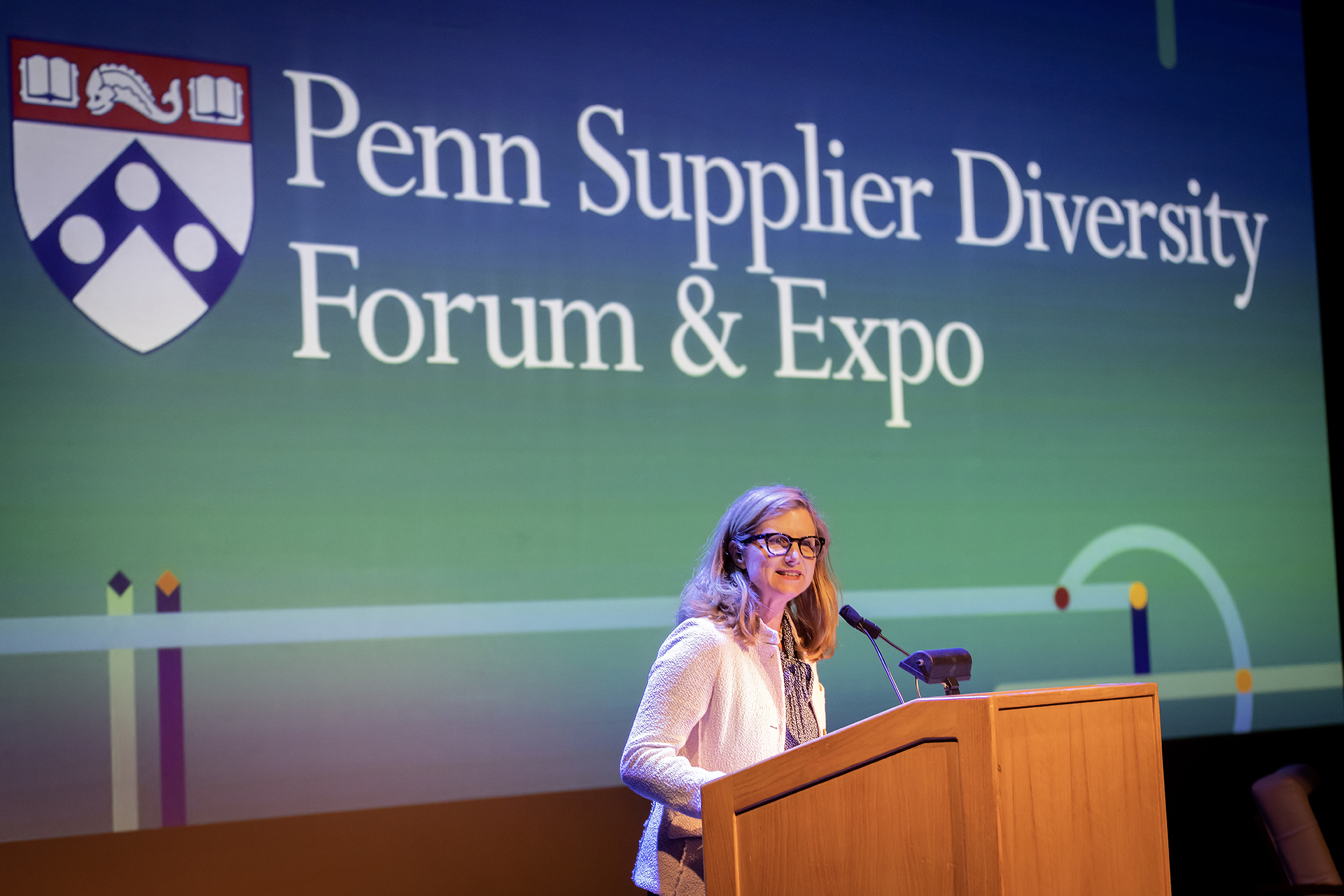 Liz Magill on stage at the Penn Supplier Diversity Forum & Expo.