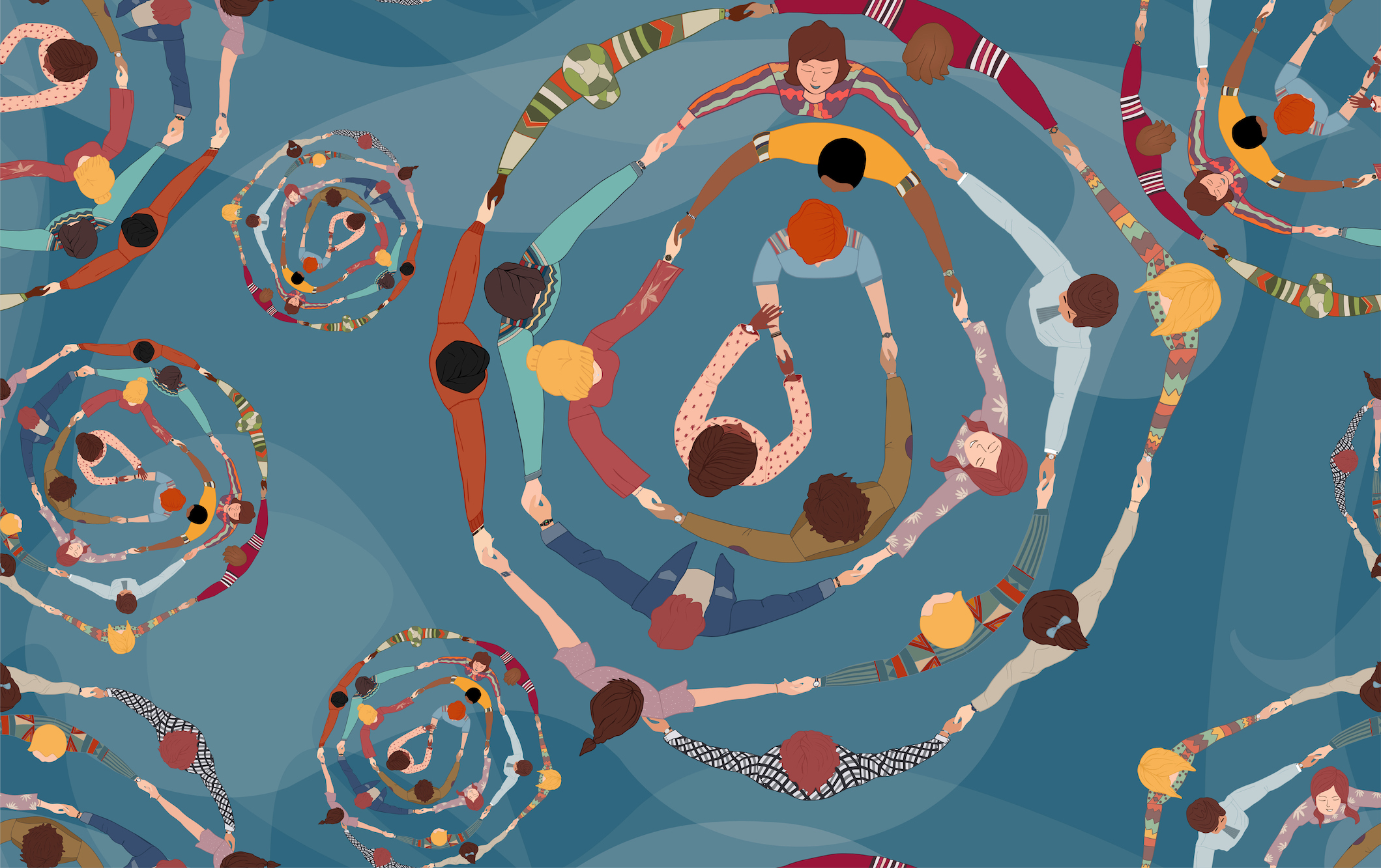 Graphic ilustration of people holding hands in a concentric circle formation.