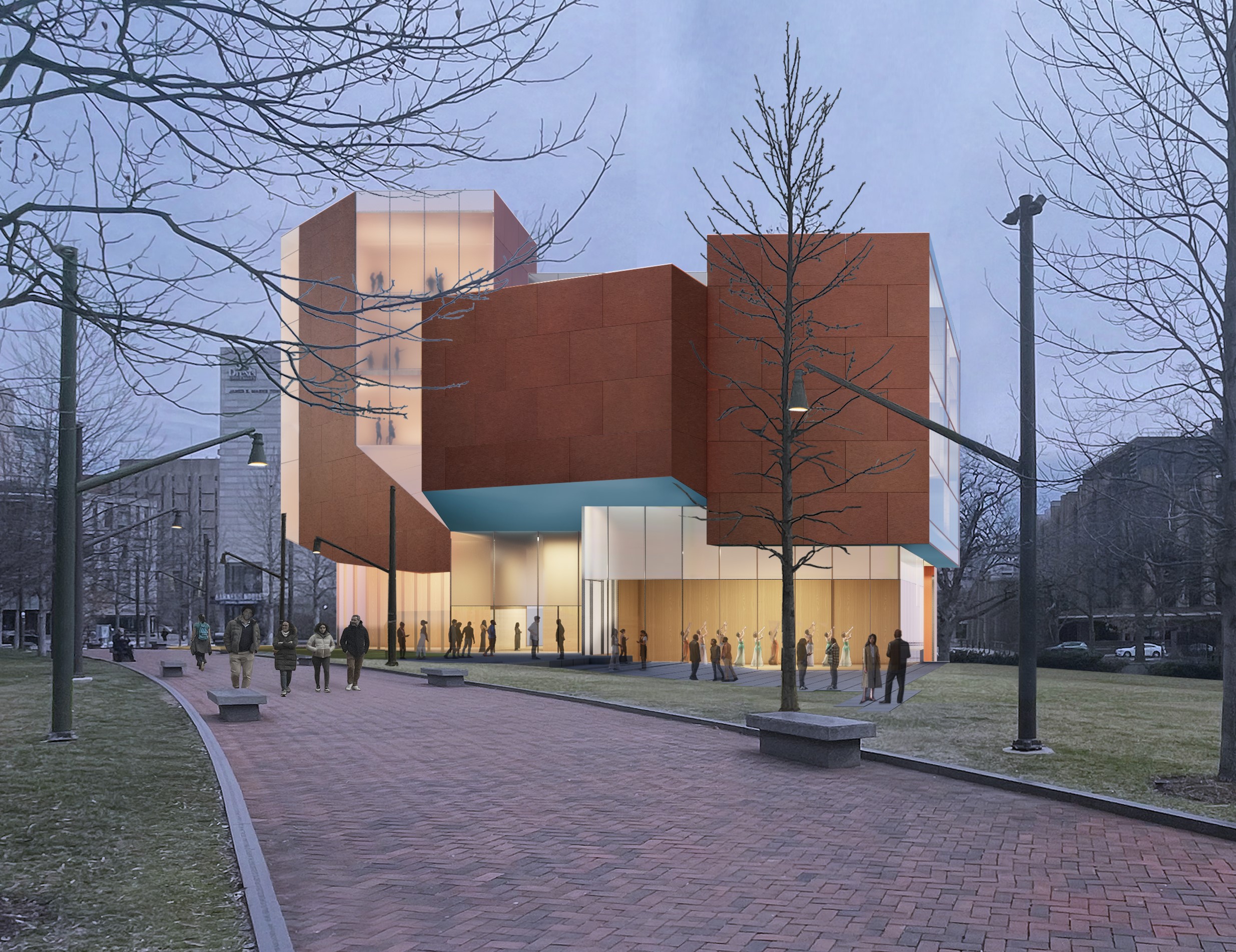 An architects rendering of the new Student Performing Arts Center at the University of Pennsylvania.